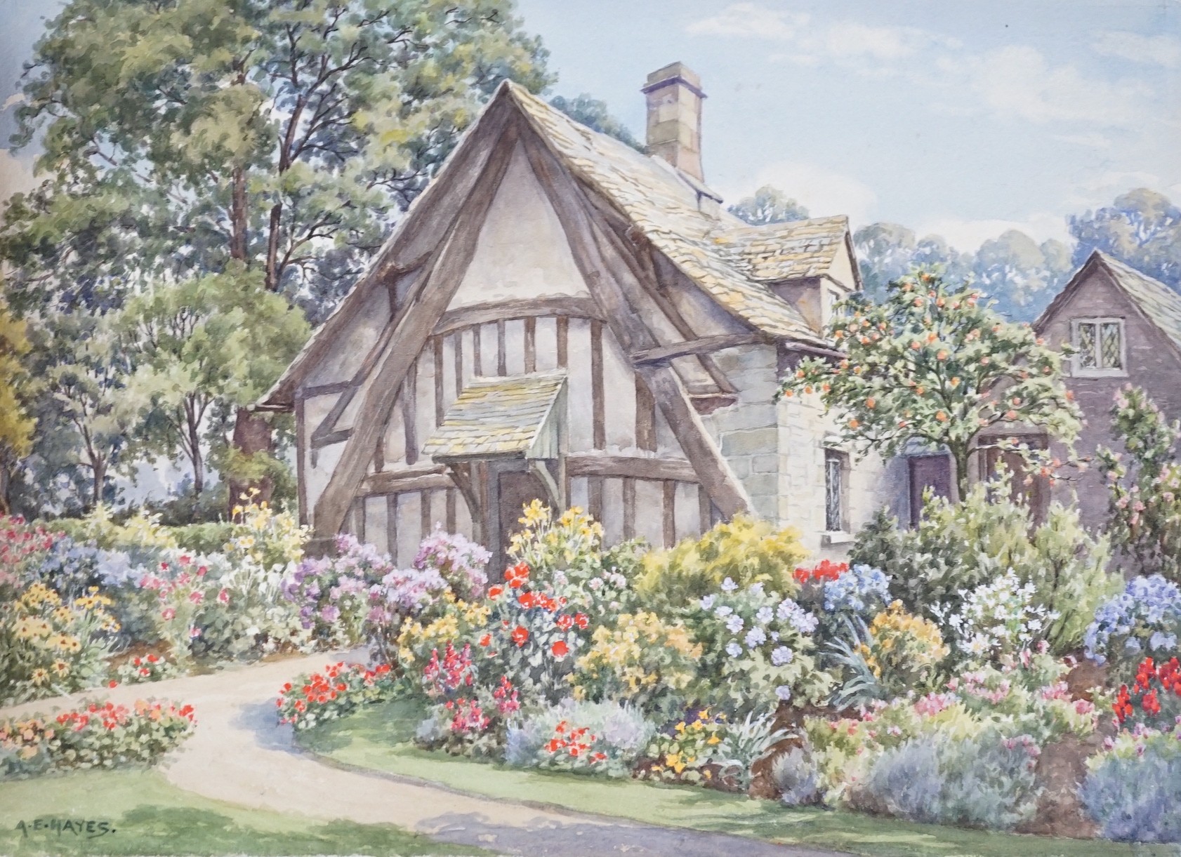 Albert Edward Hayes (1879-1968), three watercolours, original postcard designs of country cottages, signed, 28 x 40cm, unframed